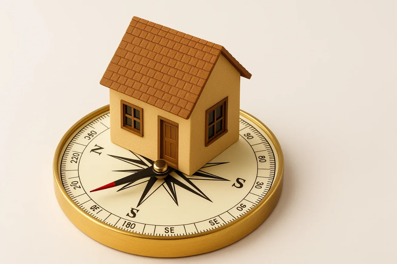 Model house placed on a golden compass symbolizing Vastu Shastra directions and home balance, representing harmony and positive energy in residential building design.