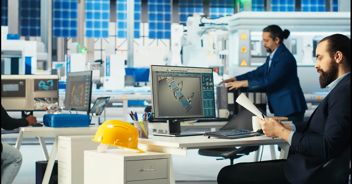 Engineers working in a modern industrial workspace with CAD systems, following vastu for factories guidelines