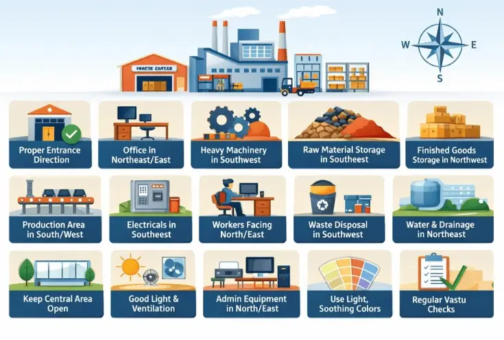 Industrial Vastu layout showing factory entrance direction, machinery placement, storage areas, office zones, and energy flow for improved productivity