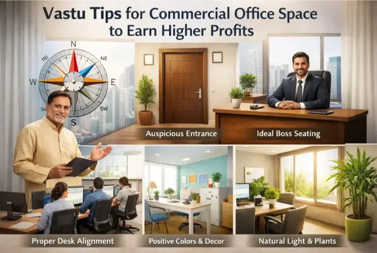 Vastu for office layout showing ideal entrance, boss seating, desk arrangement, positive colours, natural light, and plants for higher productivity